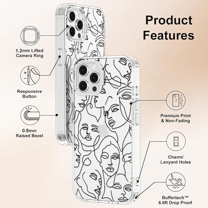 MOSNOVO Case for iPhone 12 & iPhone 12 Pro, [Buffertech 6.6ft Military-Grade Drop Protection] [Anti Peel Off Tech] Clear TPU Bumper Phone Case Cover Design - Abstract Face Line Art