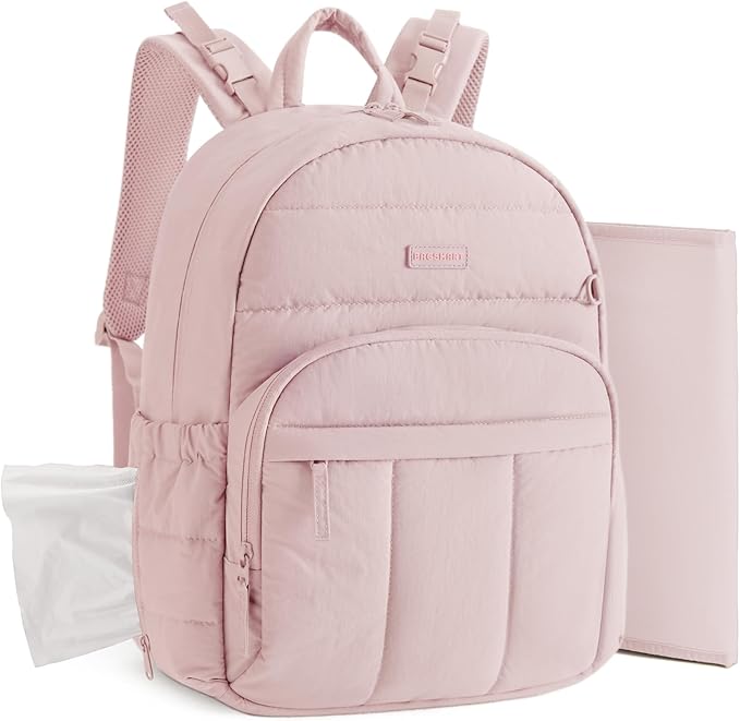 BAGSMART Diaper Bag Backpack, Multi-Pocket Puffy Diaper Bag with Waterproof Changing Pad, Lightweight Stroller-Friendly Diaper Bag with Insulated Pockets, Easy-Access Baby Essential, Pink
