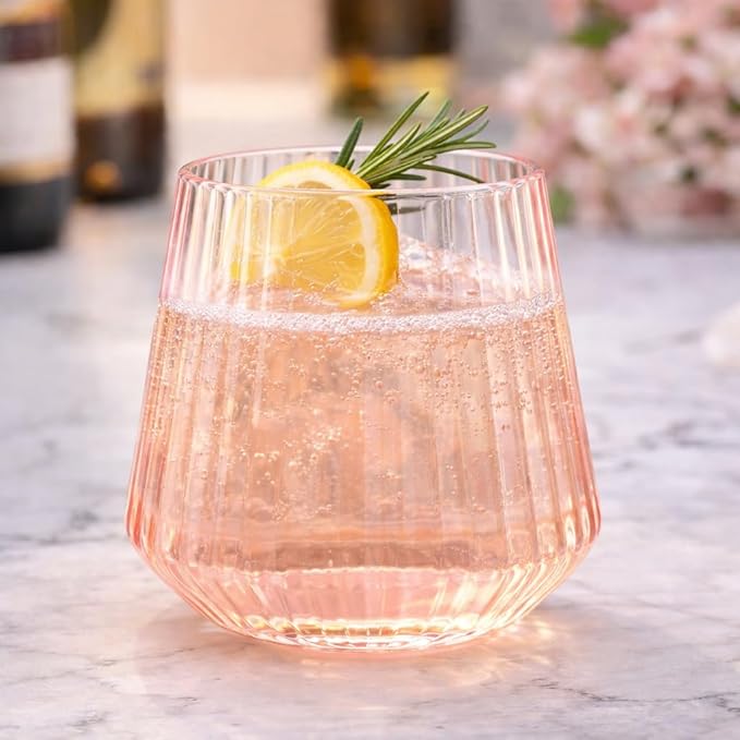 Oojami 40 Pack Pink Ribbed Plastic Wine Glasses 12 oz - Origami Stemless Unbreakable Disposable Cups, BPA-Free Shatterproof, Champagne Whiskey Cocktail Glasses for Wedding, Party, Home, Indoor Outdoor