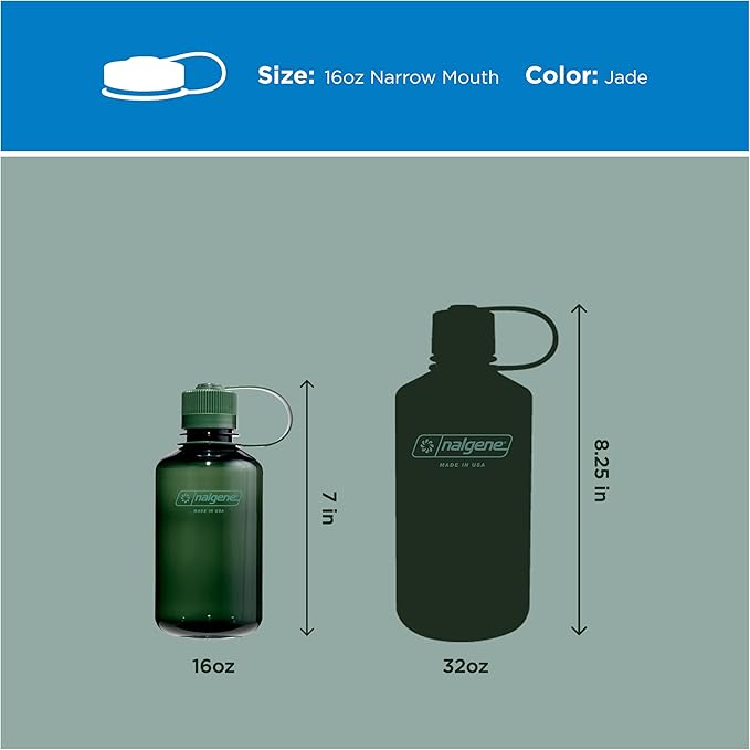 Nalgene 16 oz Narrow Mouth Water Bottle | BPA-Free, Durable & Leak Proof, Lightweight Travel Bottle, Fits in Cupholders, Jade