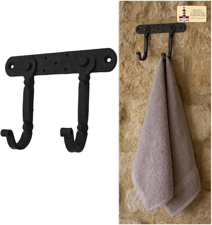 "Mystic Colonial Medieval Hand-Forged Iron Double Wall Hooks 1 Pc | (6 in ? 4 in) Rustic Twisted Wall Hanger | Vintage Black Coating Gothic Heavy-Duty Utility Hanger for Coats, Towels, Keys & Bags"