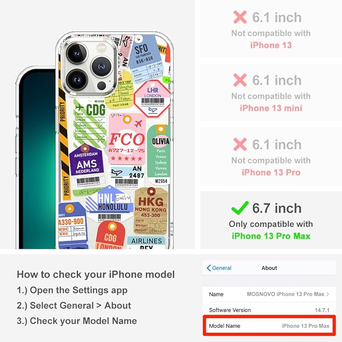 MOSNOVO Case for iPhone 13 Pro Max, [Buffertech 6.6ft Military-Grade Drop Protection] [Anti Peel Off Tech] Clear TPU Bumper Phone Case Cover Design - Air Ticket Labels