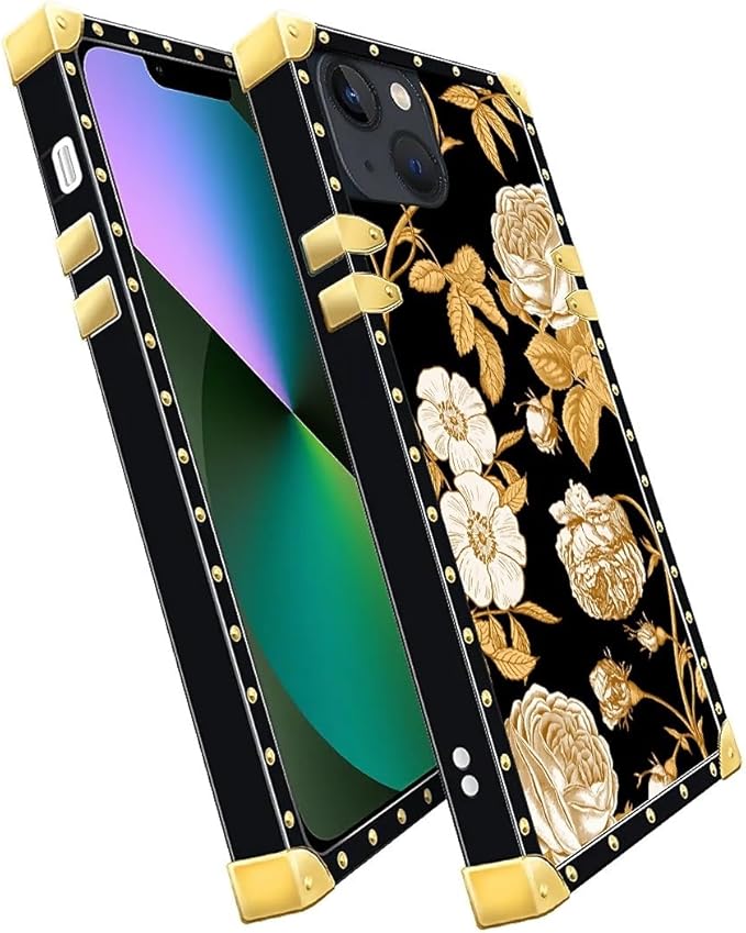 Compatible with iPhone 13 Case, Blooming Rose Golden Flower Luxury Golden Decoration for Girl Women Soft TPU Shockproof Protective Hard PC Back for iPhone 13