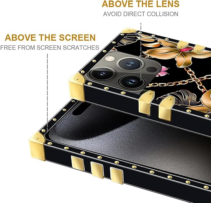 Compatible with iPhone 16 Pro Case, Pink Golden Chain Tropical Flower Luxury Golden Decoration for Girl Women Soft TPU Shockproof Protective Hard PC Back