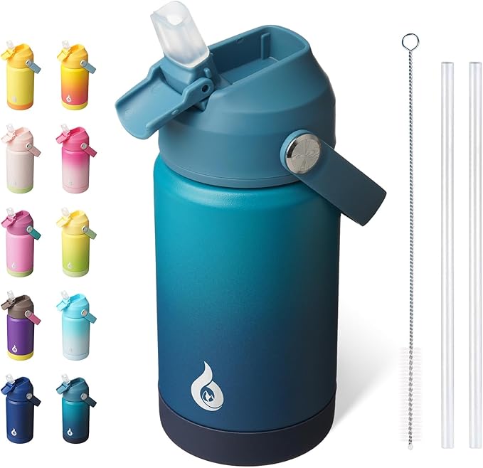 BJPKPK Insulated Water Bottle with Straw Lid, 12oz Thermo Water Bottles with Soft Nozzle, Flex Handle & Non-slip Boot, BPA Free Leak Proof Stainless Steel Metal Thermo, Tumblers, Cups,Vast