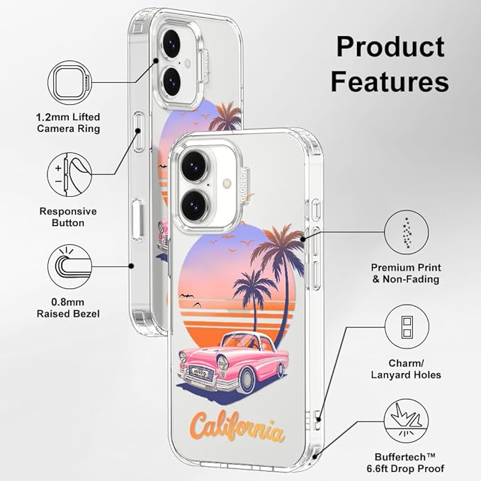 MOSNOVO for iPhone 17 Case, Shockproof Military-Grade Protection 6.6ft Drop Tested, Camera Control, Clear Phone Case for iPhone 17, Cali Cruise Design