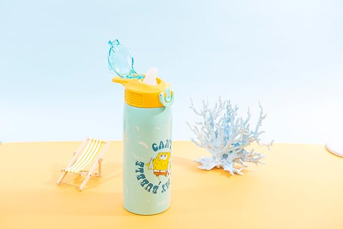 Zak Designs SpongeBob SquarePants Sage Kids Water Bottle For School or Travel, 19oz Stainless Steel Water Bottle With Straw, Handle, and Leak-Proof, Pop-Up Spout Cover (SpongeBob and Patrick)
