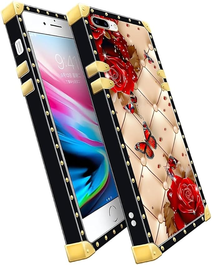 Compatible with iPhone 8 Plus 7 Plus Case, Shining Red Rose Butterfly Leather Background Luxury Golden Decoration for Girl Women Soft TPU Shockproof Protective Hard PC Back