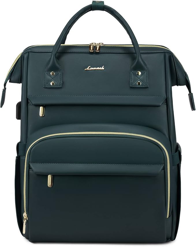 LOVEVOOK Leather Laptop Backpack for Women 18 inch,Travel Backpack Purse Nurse Teacher Backpack Computer Laptop Bag,Professional College Business Work Bag Carry On Backpack with USB Port,Dark Green