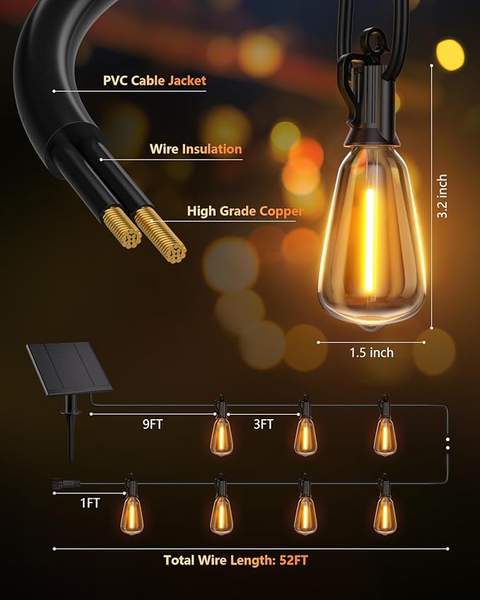 Brightown 52FT Solar String Lights Outdoor Waterproof with Remote, 15+1 LED Shatterproof Bulbs, Dimmable & Timable, 3 Light Modes - Commercial Grade Patio Lights for Garden Backyard Party Decor