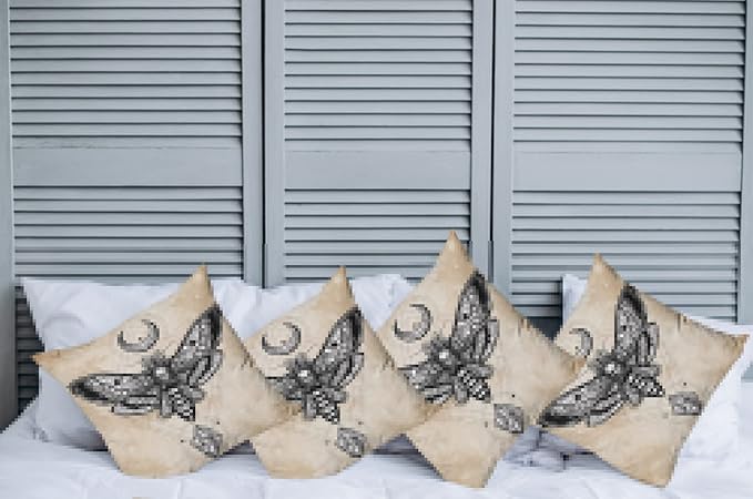 Ambesonne Fantasy Throw Pillow Cushion Case Pack of 4, Dead Head Hawk Moth Luna and Stone Magic Skull Illustration, Modern Accent Double-Sided Digital Printing, 24", Black Beige