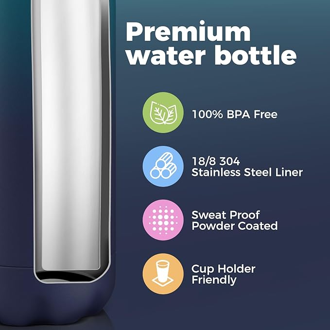 Volhoply 17oz Insulated Stainless Steel Water Bottle, Double Wall Vacuum Flask, Keeps Cold 24h & Hot 12h, Available in Packs of 1, 4, or 8（Dark Night,1 Pack）