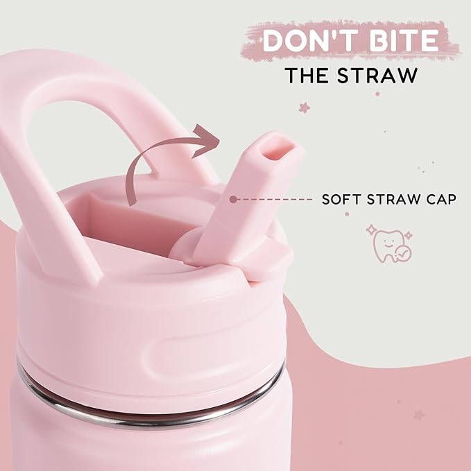 Fijinhom 12oz Kids Water Bottle for School, Toddler Bottles with Straws, Stainless Steel Vacuum Insulated Water Bottle for Boys&Girls, Leak-Proof, BPA-Free, Pink