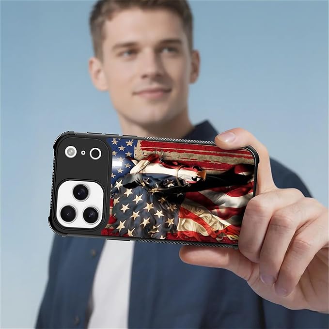 for iPhone 17 Pro Max Case,for MagSafe Graphic Design for Girl Boy Soft Silicone Hard Acrylic Shock Protection Designed for iPhone 17 Pro Max Red American Flag Horse Cross Pattern