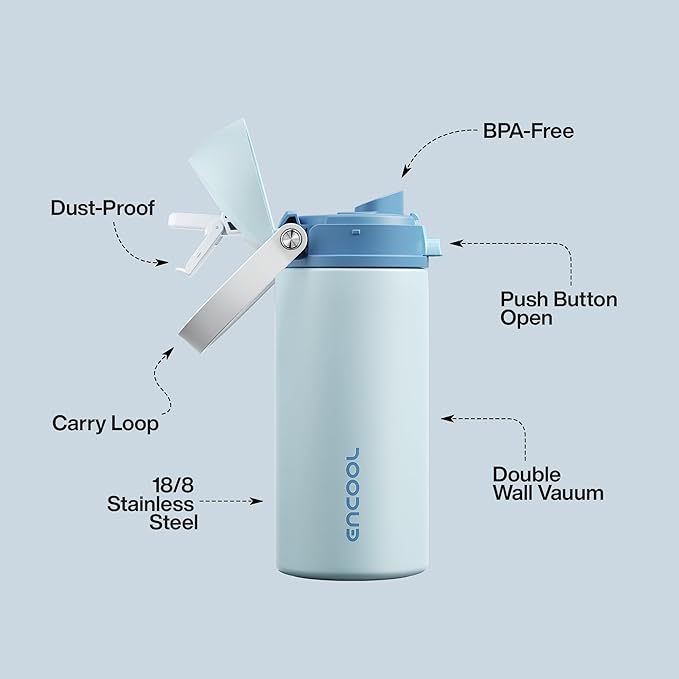 Insulated Water Bottle with Straw - Encool Stainless Steel Water Bottle with Push Button Lid, Leak-Proof & BPA-Free, Keeps Cold for 24 Hours for Sports, Travel, Gym (18 oz, Jungle Mist)