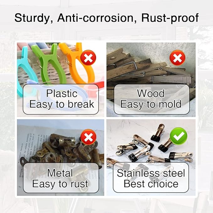 30PCS Small Clothes Pin with Hook for Easy Hanging, Stainless Steel Clothespins, Metal Laundry Grip Clips, Anti Rust, Multipurpose