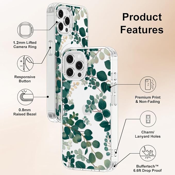 MOSNOVO Case for iPhone 12 & iPhone 12 Pro, [Buffertech 6.6ft Military-Grade Drop Protection] [Anti Peel Off Tech] Clear TPU Bumper Phone Case Cover Design - Eucalyptus