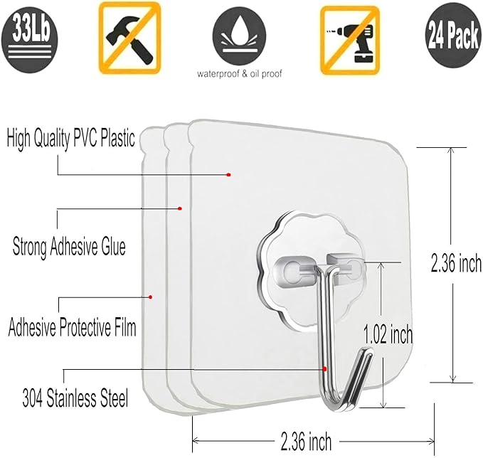 Jwxstore 12 Pack Heavy Duty Self Adhesive Hooks - 33lb Max, Transparent, Waterproof, Sticky Wall Hooks for Keys, Bathroom, Shower, Outdoor, Kitchen, Door, Home Improvement, Utility