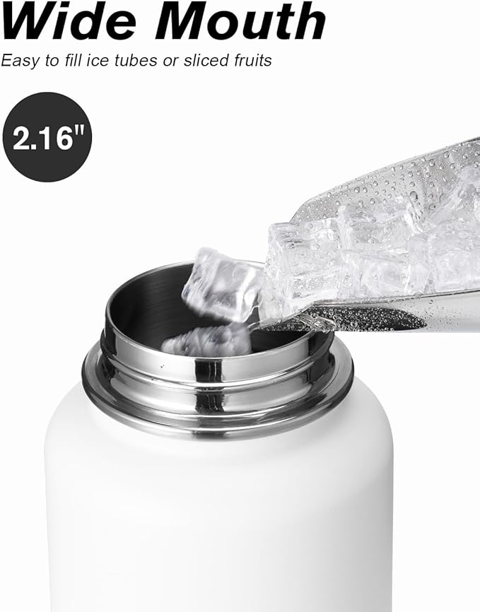 Coolflask Water Bottle 32 oz Insulated with Straw, Stainless Steel Metal 3 Lids Water Flask Wide Mouth for Sports or Office, Non-BPA Keep Cold Up to 48 Hrs or Hot Up to 24 Hrs, White