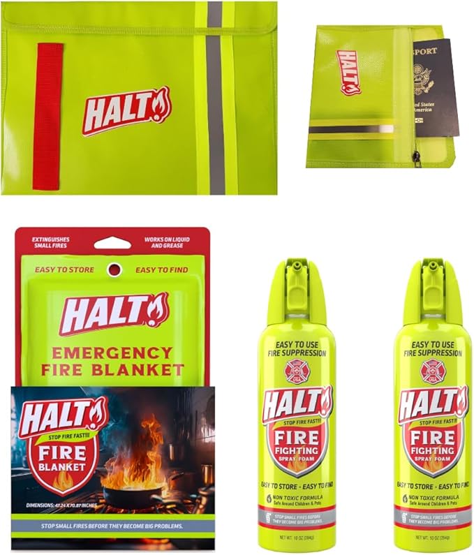 HALT! Home & Apartment Fire Defense Kit – Includes x2 10oz Fire Fighting Foam Sprays, Emergency Fire Blanket, Large Fireproof Document Bag, Small Waterproof Travel Fire Safety Bundle