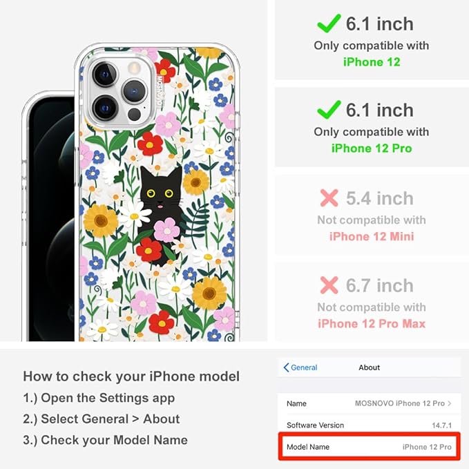 MOSNOVO Case for iPhone 12 & iPhone 12 Pro, [Buffertech 6.6ft Military-Grade Drop Protection] [Anti Peel Off Tech] Clear TPU Bumper Phone Case Cover Design - Black Cat in Garden