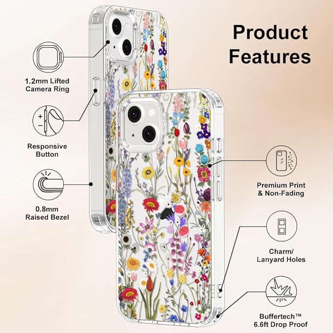MOSNOVO for iPhone 13/14 Case | Military Grade 6.6ft Drop Tested | Clear with Wildflower Meadow Design