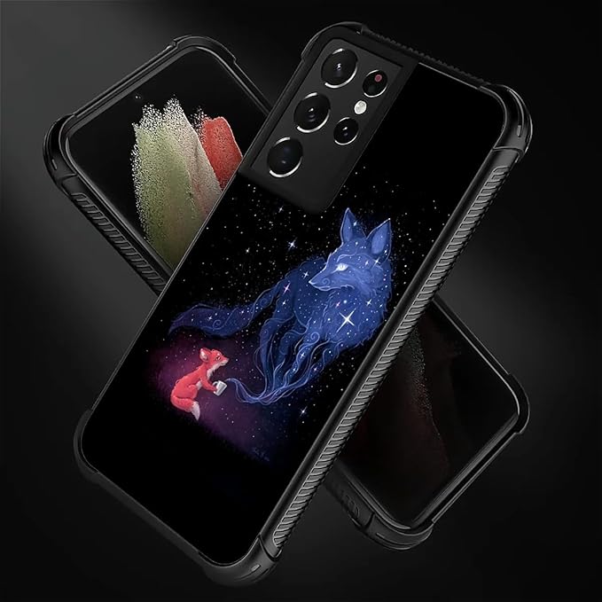 for Samsung Galaxy S21 Ultra Case, Galaxy Fox Wolf Pattern Graphic Design Girl Boy Soft Silicone Hard Acrylic Shock Protection for Samsung Galaxy S21 Ultra