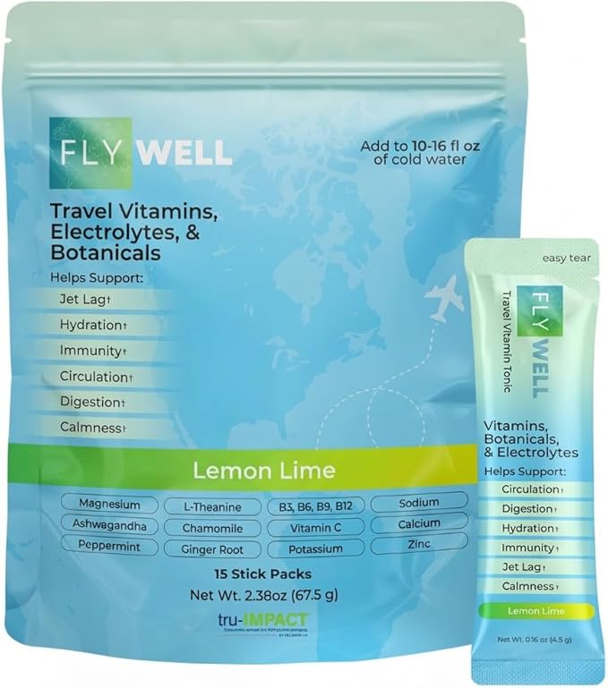 Travel Vitamin Tonic for Flight, Jet Lag, Hydration, Circulation, Digestion & Immune Support, Promotes Calmness, Electrolyte Powder, Travel Essentials, Lemon Lime, 15 Sticks