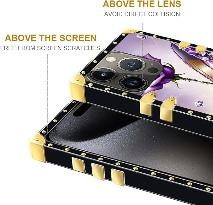 Compatible with iPhone 16 Pro Case, High Heeled Purple Diamond Rose Luxury Golden Decoration for Girl Women Soft TPU Shockproof Protective Hard PC Back for iPhone 16 Pro