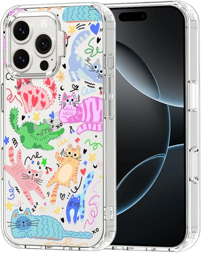 MOSNOVO for iPhone 16 Pro Max Case, Shockproof Military-Grade Protection 6.6ft Drop Tested, Clear Phone Case for iPhone 16 Pro Max, Doodle Cats Design