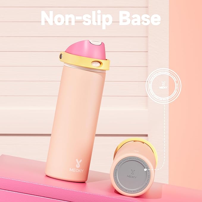 24 oz Insulated Water Bottle for Women: Meoky Stainless Steel Metal Water Bottle with 2-in-1 Straw and Spout Lid - Leak Proof, Cold for 24 Hours, Protective Silicone Base, BPA-Free for School, Coral