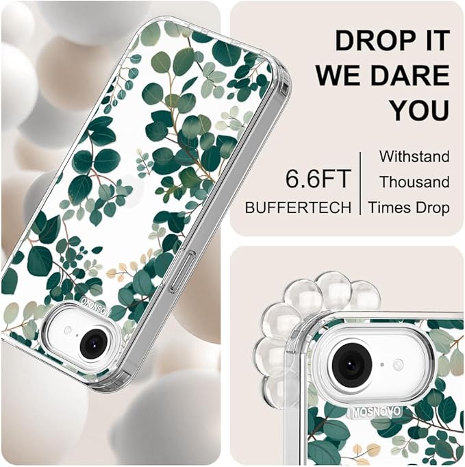 MOSNOVO for iPhone 17e Case/iPhone 16e Case, Shockproof Military-Grade Protection 6.6ft Drop Tested, Clear Phone Case for iPhone 16e / iPhone 17e, Eucalyptus Design