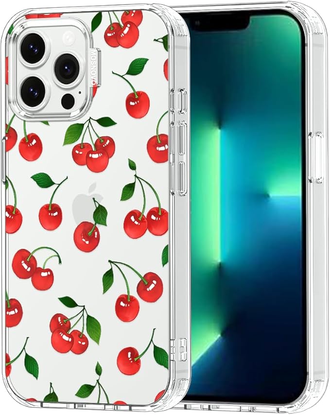 MOSNOVO Case for iPhone 13 Pro Max, [Buffertech 6.6ft Military-Grade Drop Protection] [Anti Peel Off Tech] Clear TPU Bumper Phone Case Cover Design - Cute Cherry
