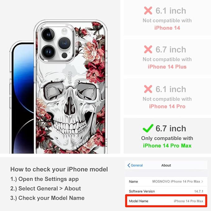 MOSNOVO Case for iPhone 14 Pro Max, [Buffertech 6.6ft Military-Grade Drop Protection] [Anti Peel Off Tech] Clear TPU Bumper Phone Case Cover Design - Red Flower Skull