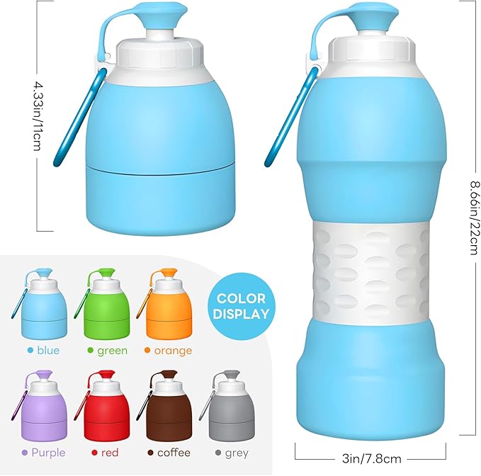 Collapsible Lightweight 20oz Water Bottle, Food-Grade Silicone BPA Free, Foldable Portable Leak Proof Office Travel Cycling Sports Outdoor Water Bottle with Vertical Hook (blue, long nozzle)