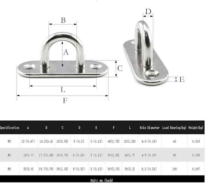heyous 2 Set M8 Suspension Ceiling Wall Mount U Hook Anchor Hanger Stainless Steel Heavy Duty Multi Purpose Hammock Swing Ceiling Hook Strip Base Plate with Snap Hook