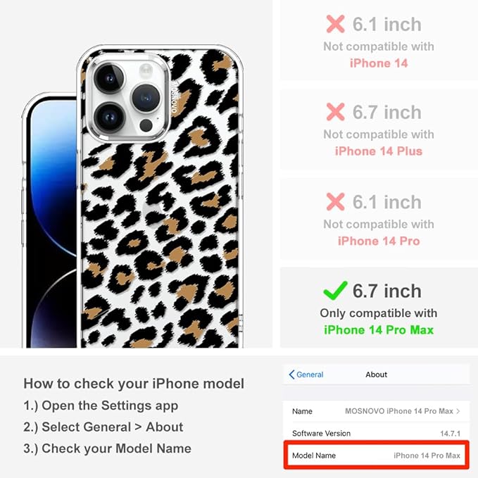 MOSNOVO Case for iPhone 14 Pro Max, [Buffertech 6.6ft Military-Grade Drop Protection] [Anti Peel Off Tech] Clear TPU Bumper Phone Case Cover Design - Leopard Print