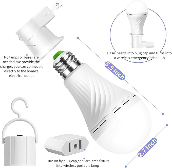 Emergency Rechargeable Light Bulbs, Battery Powered LED Light Bulb Daylight E26 12W 60W Equivalent with 1500mAh for Home Power Outage Camping Hiking(6 Bulbs,3 Plug Caps, 3 Hooks,3 socket adapter)