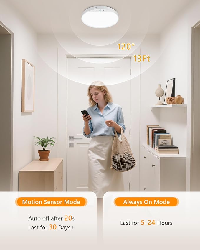 Rechargeable 6W Motion Sensor Ceiling Light Indoor, No Wiring & Magnetic Stick-On, Remote Control for Color & Brightness, Battery Operated Light for Shower, Closet, Bathroom, Pantry, Hallway, 1-Pack