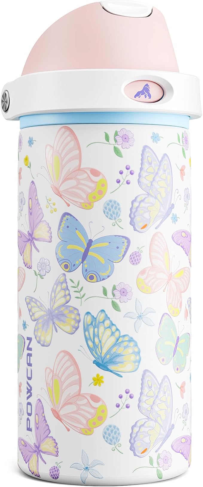 POWCAN 18 oz Insulated Water Bottle: 2-in-1 Push-Button Spout & Quick-Flip Straw Lid, Leakproof, Cold 24Hrs, Fits Car Cup Holder, Stainless Steel Bottle for Sports, Travel, School (Butterfly Garden)