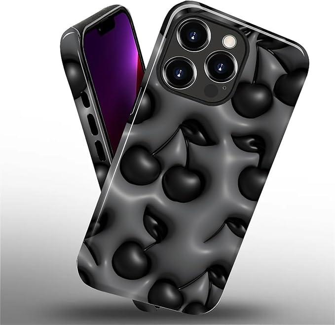 for iPhone 13 Pro Case,HL2 Cute Cool Cherry Black Hybrid 2 Layer Hard Shell Silicone Protective Pattern Design Case