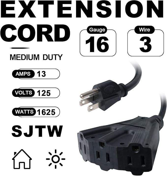 EP 2 Pack 10 Ft Outdoor Extension Cord with 3 Electrical Power Outlets - 16/3 SJTW Black Cable with 3 Prong Grounded Plug for Safety Great for Christmas Lights, Garden and Major Appliances