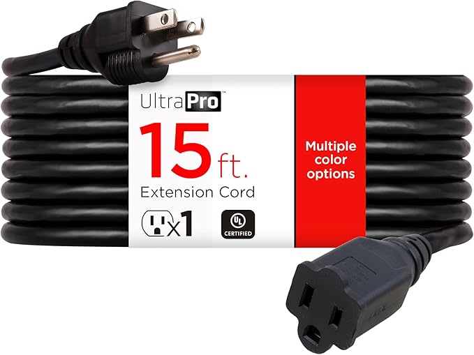 UltraPro Outdoor Extension Cord, 15 Ft, Heavy Duty Extension Cord, Double Insulated, Grounded, 16 Gauge, 3 Prong Extension Cords, General Purpose Long Extension Cord, UL Listed, Black, 36824