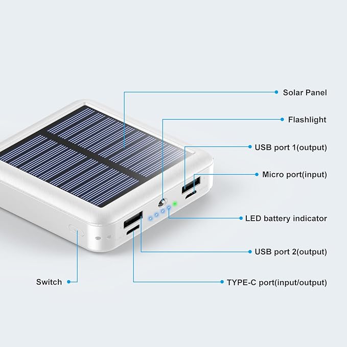 Solar Portable Charger 12000mAh, Small Solar Power Bank, USB C Input/Output External Battery with Built-in 4 Cables, Two-Hand Flashlight, Suitable for iPhone, Tablet Computers and Samsung