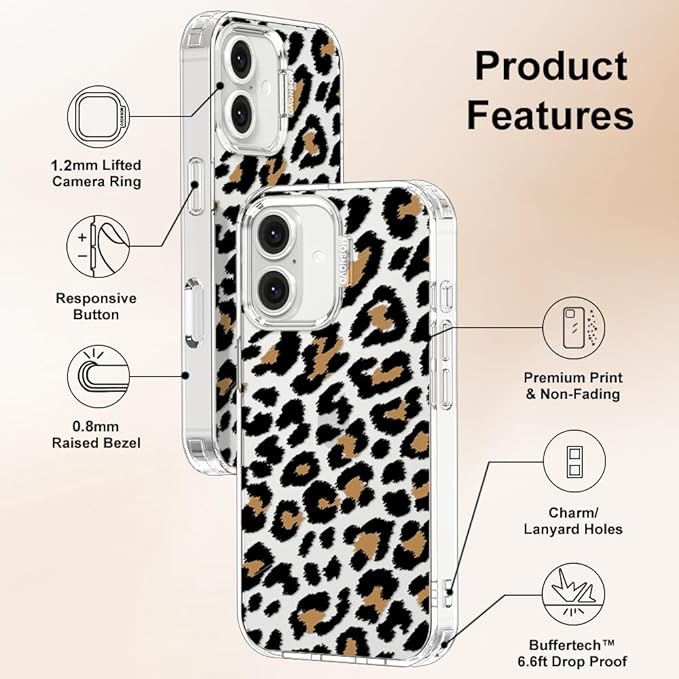 MOSNOVO Case for iPhone 16, [Buffertech 6.6ft Military-Grade Drop Protection] [Anti Peel Off Tech] Clear TPU Bumper Phone Case Cover Design - Leopard Print