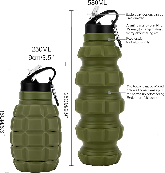 Collapsible Travel Water Bottle 19.6 oz, Reuseable Silicone Foldable Water Bottles for Gym Camping Hiking, Portable Leak Proof Sports Water Bottle with Carabiner (Noble Army Green)