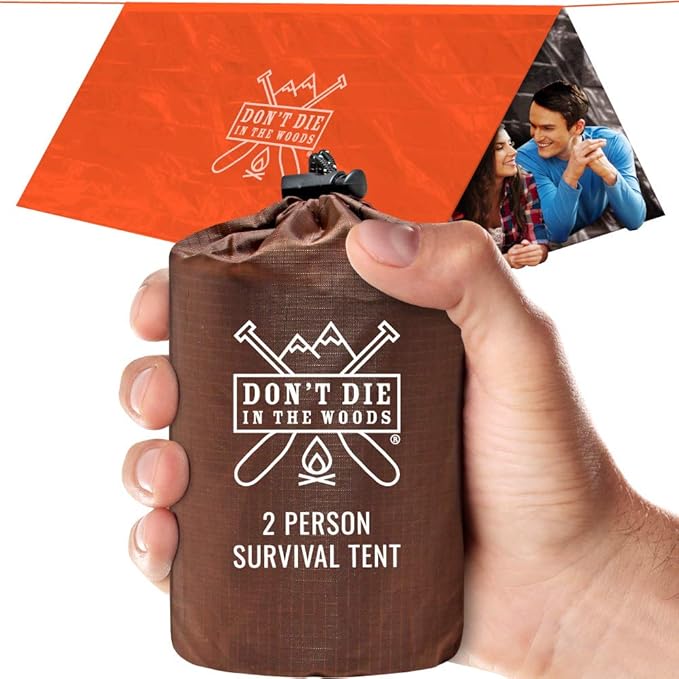 Don't Die In The Woods - Survival Tent - Made with Extra-Thick Space Blanket Thermal Mylar - Emergency Shelter Tube Tent - One of The 10 Essentials for Hiking, Camping, First Aid Kits