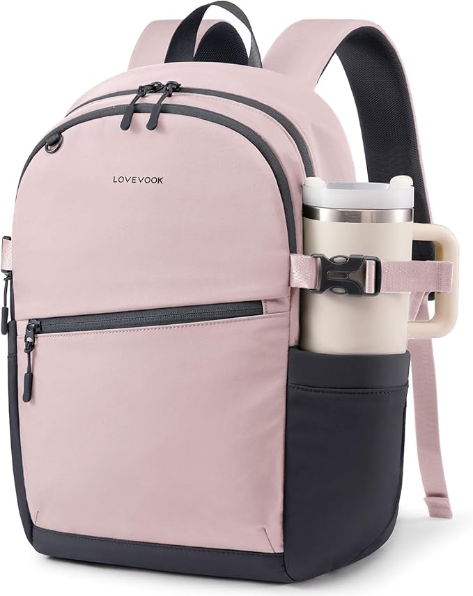 LOVEVOOK Everyday Backpack for Women, Chic Versatile Backpack with Water Bottle Pocket, Lightweight Waterproof Casual Daypack for City Work Commute, College, Travel & Gifts, Pink-Gray