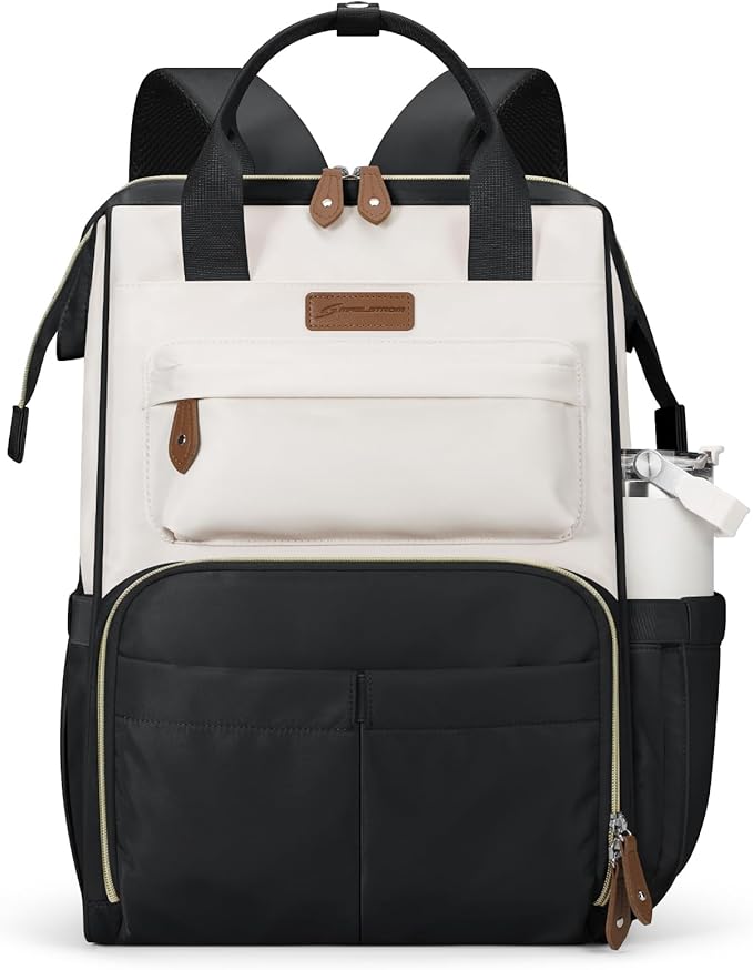 Maelstrom Laptop Backpack, Fits 15.6-17.3 Inch Travel Backpack Gift for Women Men, Waterproof College School Computer Bag, Anti-theft Business Work Bag with Luggage Strap (Black-Beige, 15.6 Inch)
