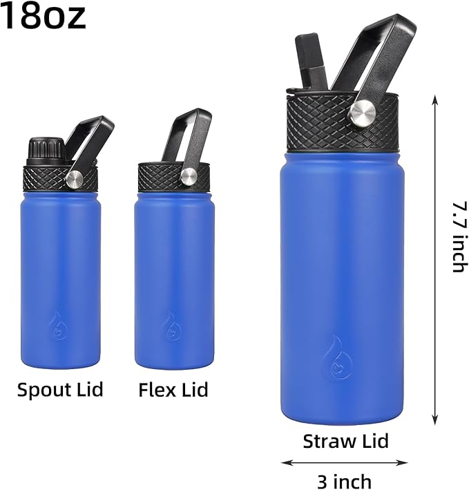 BJPKPK Insulated Water Bottles with Straw Lid, 18oz Stainless Steel Metal Water Bottle, Cold Hot Thermo with 3 Lids, Leak Proof BPA Free Travel Cup, Wide Mouth Flasks, Thermo -Sapphire
